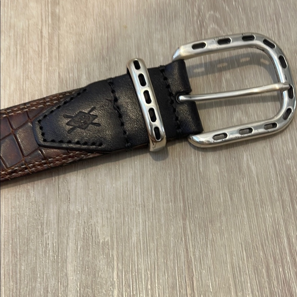 Brown and Black Leather Belt with Silver Buckle